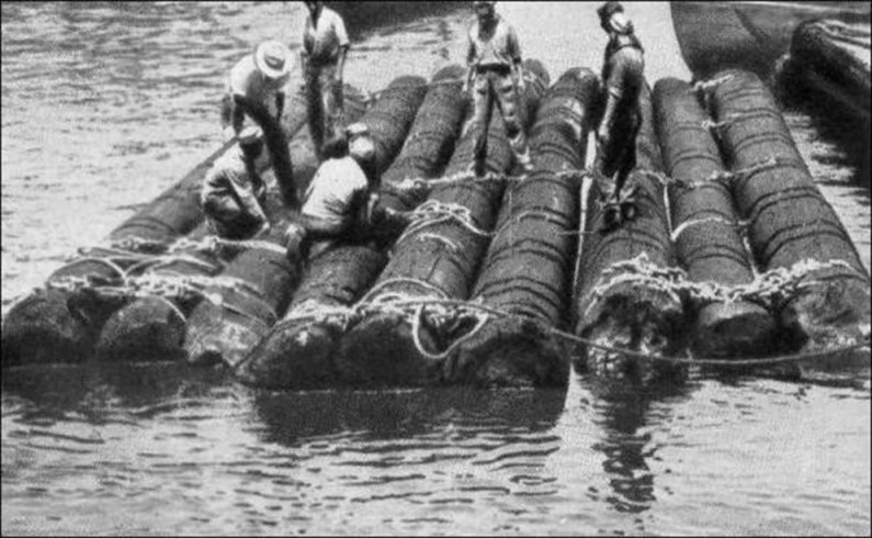 Девять бальсовых бревен в порту Кальяо, из которых собирался плот