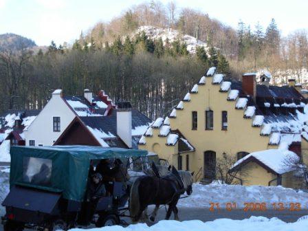 Повозки спускают туристов с горы замка Нойшванштейн, Бавария