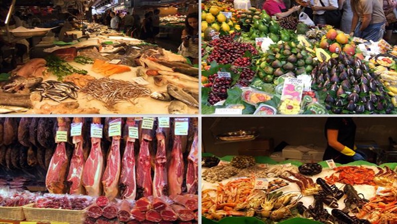 Колбасно-хамонные ряды , рыба и морские гады, овощи и фрукты на рынке Бокерия красивы, как с картинки